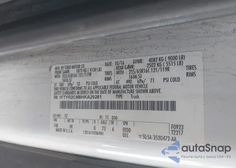 2017 Ford Transit-250 z USA, uszkodzony, nr VIN 1FTYR2CM8HKA29281